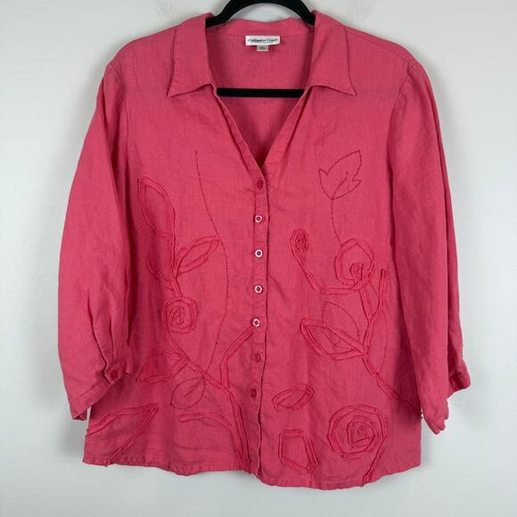 Cold Water Creek 100% Linen Shirt Women L Pink Embroidered Button-Up Artsy Beach - Picture 1 of 9